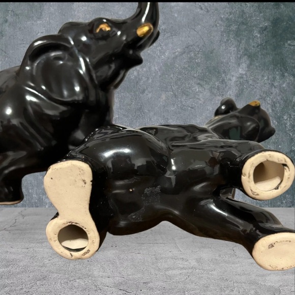 Vintage Ceramic Elephants (2) Black 1960 Gold Trunk Up Home Decor - Picture 6 of 9